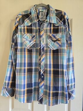 BKE Men’s Blue and Cream Plaid Button-Down Shirt